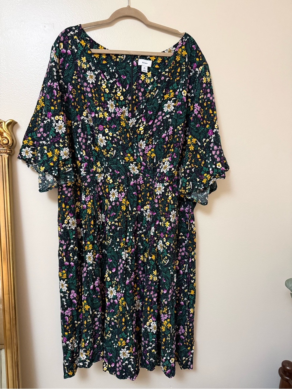 Old Navy NEW Dark Green Floral faux Wrap dress with Yellow & Purple Blooms